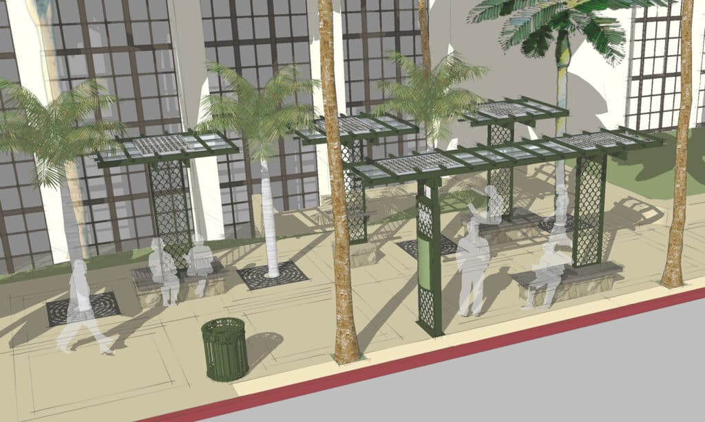 An architectural rendering of modern transit "Superstops" on a wide sidewalk. The scene features three green metal-and-glass shade structures with integrated benches and latticed supports. Tall palm trees are interspersed between the stops, and ghostly figures of pedestrians walk along the sidewalk next to a large building with grid-patterned windows.