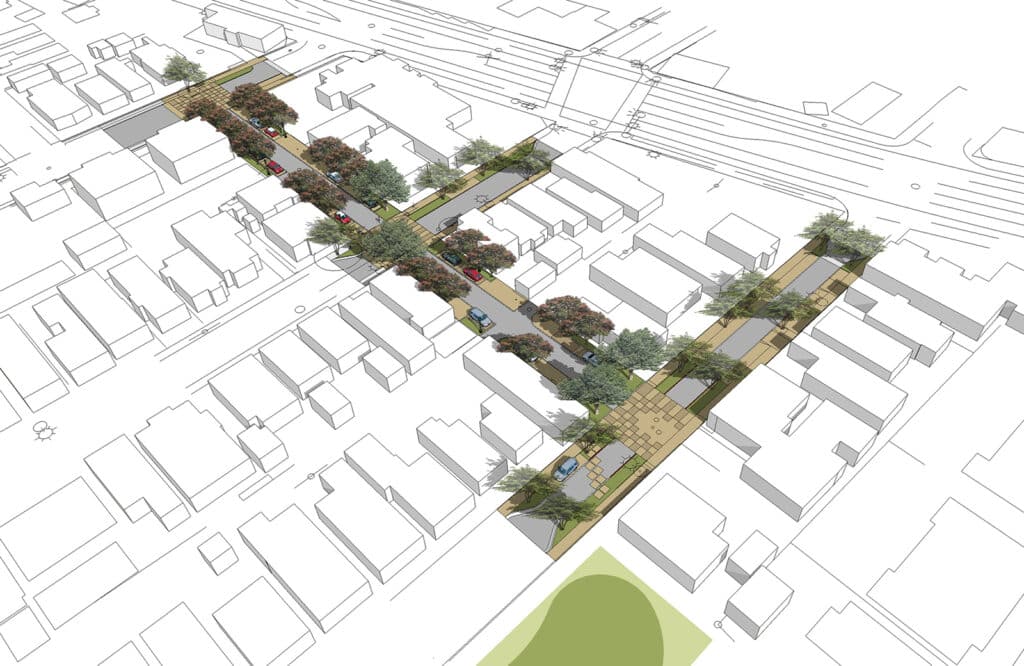 An aerial bird's-eye architectural rendering of a proposed streetscape and pedestrian corridor. The design features a linear greenway with lush tree canopies, integrated parking, and textured paving patterns that weave through a neighborhood of minimalist white building massings.