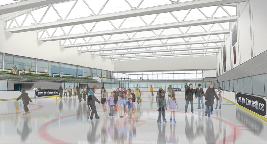 Architectural rendering of an indoor ice rink with children and families skating beneath a large open truss roof structure.