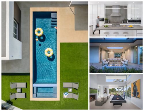 Photo collage of House on the Green's pool, kitchen, dining, and recreation room.