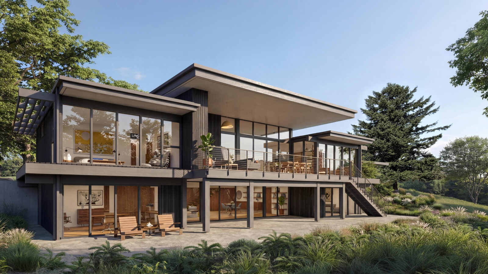 Modern hillside residence with floor-to-ceiling glass, cantilevered rooflines, and outdoor terrace integrated into a natural landscape.