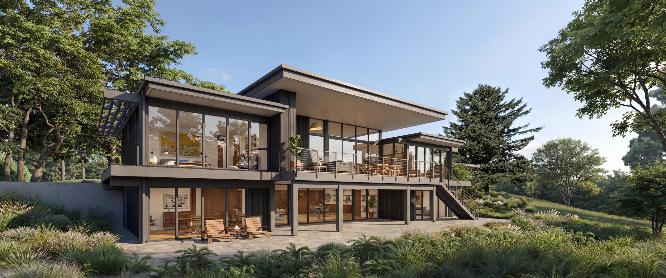 Modern hillside residence with floor-to-ceiling glass, cantilevered rooflines, and outdoor terrace integrated into a natural landscape.