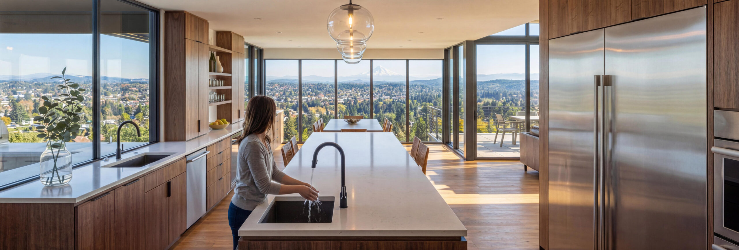 Open-plan kitchen with floor-to-ceiling glazing, wood finishes, and expansive regional views from a hillside residence.