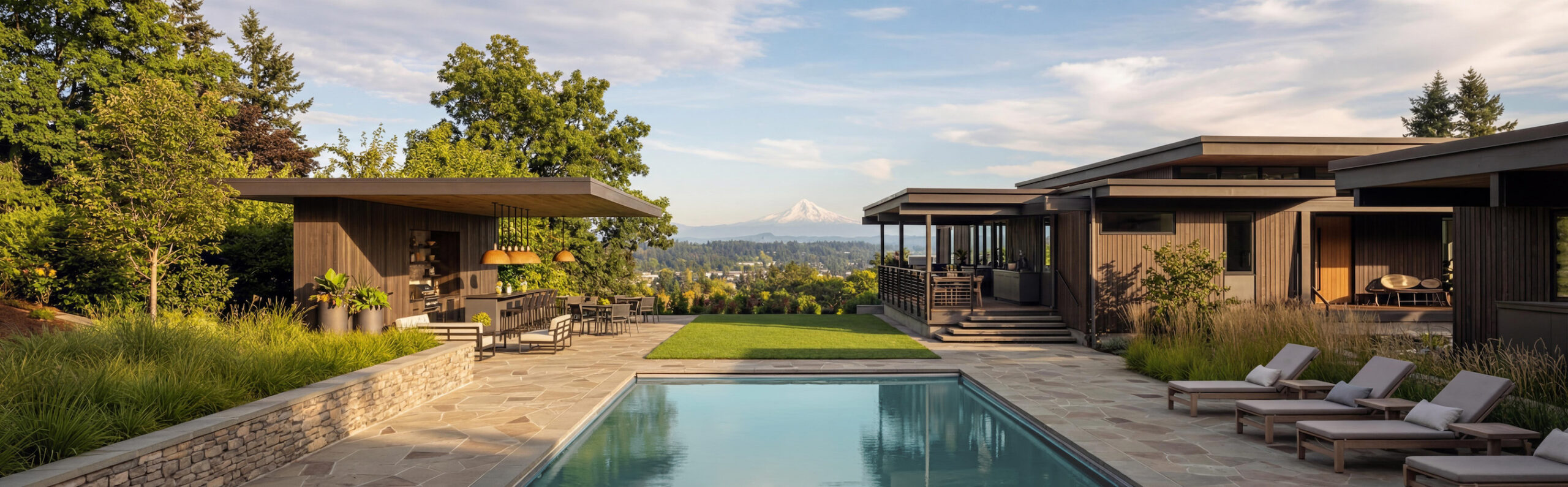Hillside residence with integrated outdoor living areas, pool, and pavilion framing expansive regional views toward Mount Hood.