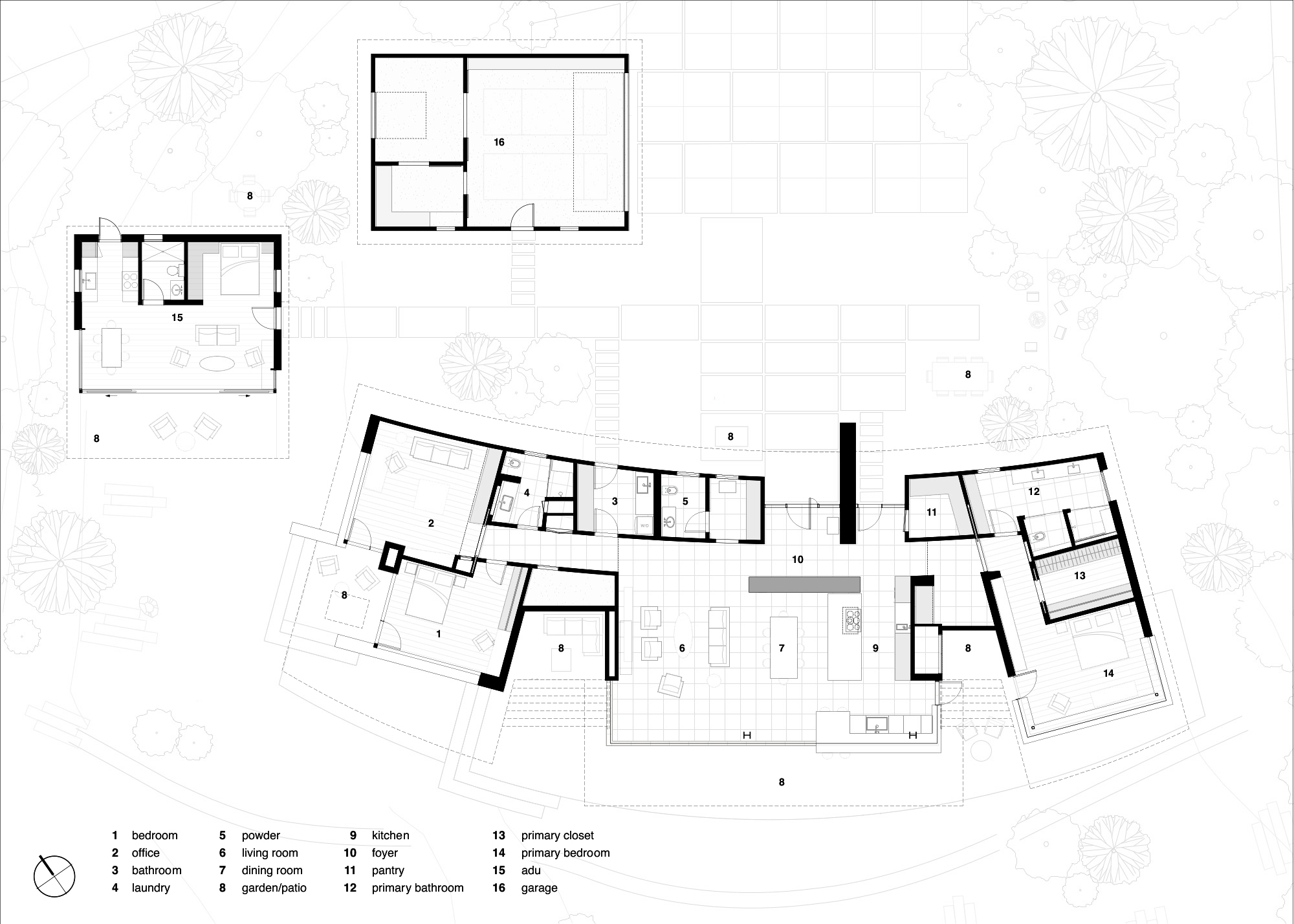Architectural floor plan and curved floor layout of contemporary Santa Barbara coastal home.