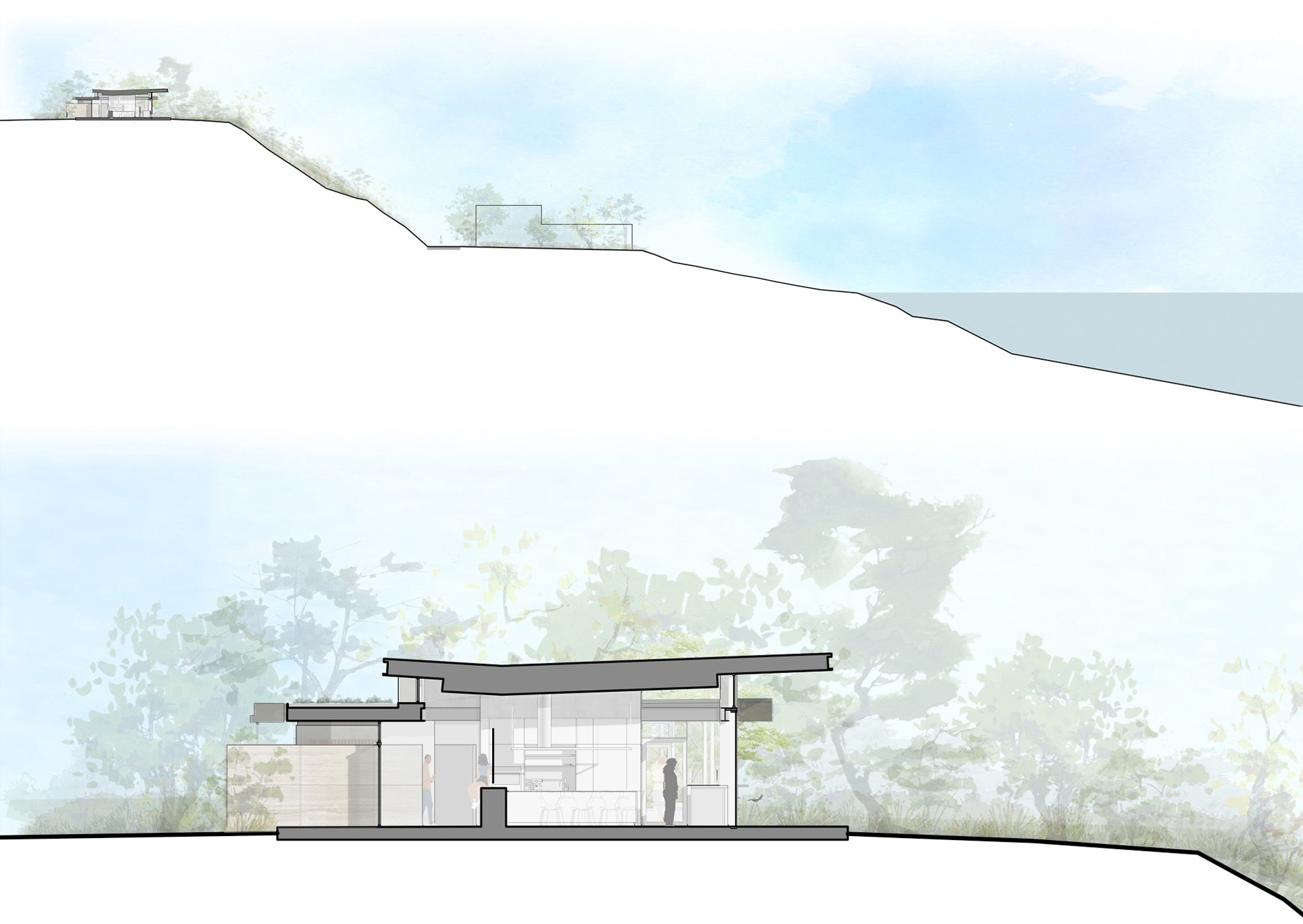 Longitudinal section illustrating hillside integration of contemporary Santa Barbara bluff home.