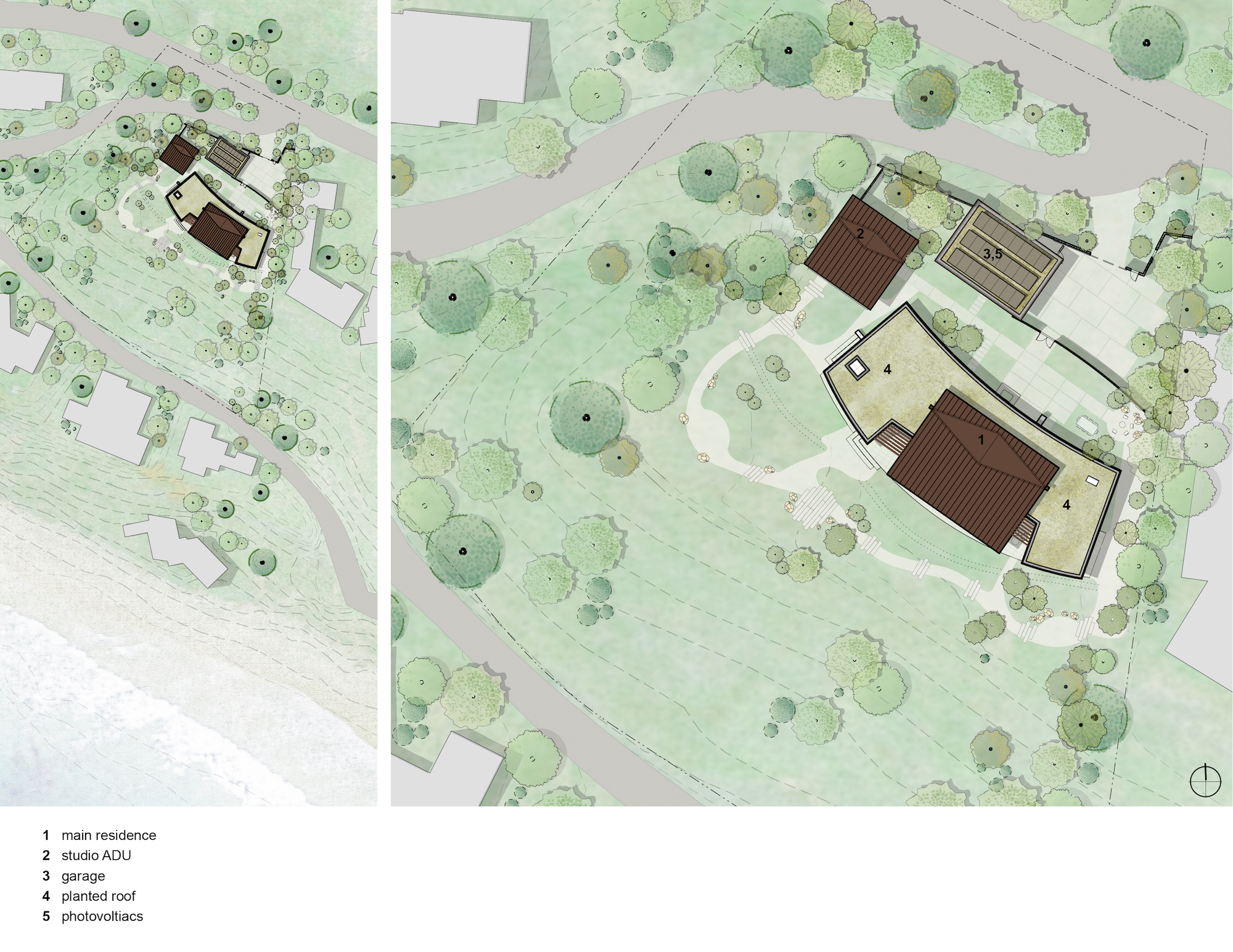 A rendered site plan of the Ocean Bluff Residence, a modern coastal residence.