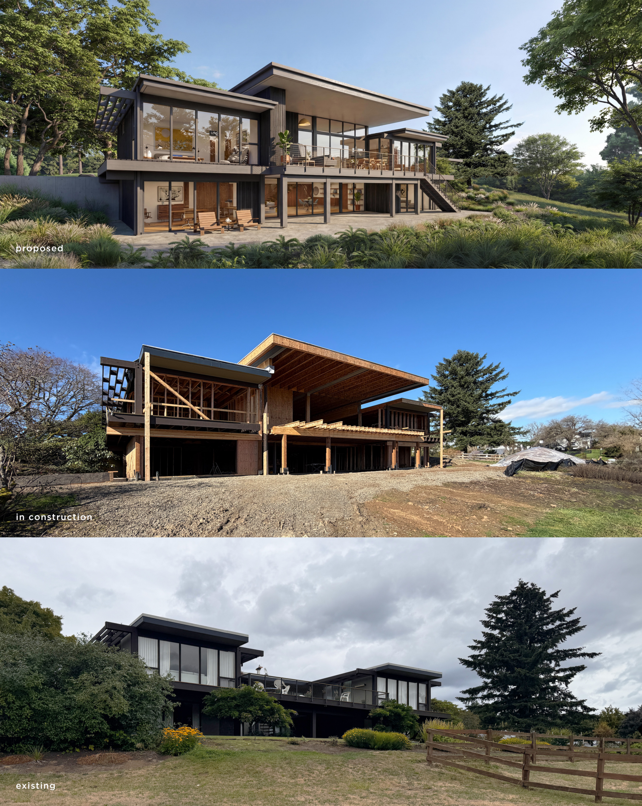 Existing site, construction process and final proposed drawing of Forest Highlands Home.