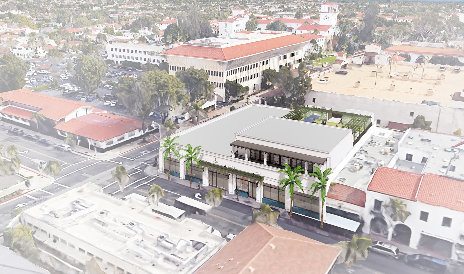 Aerial rendering of Christ Presbyterian Church showing the proposed renovation within downtown Santa Barbara