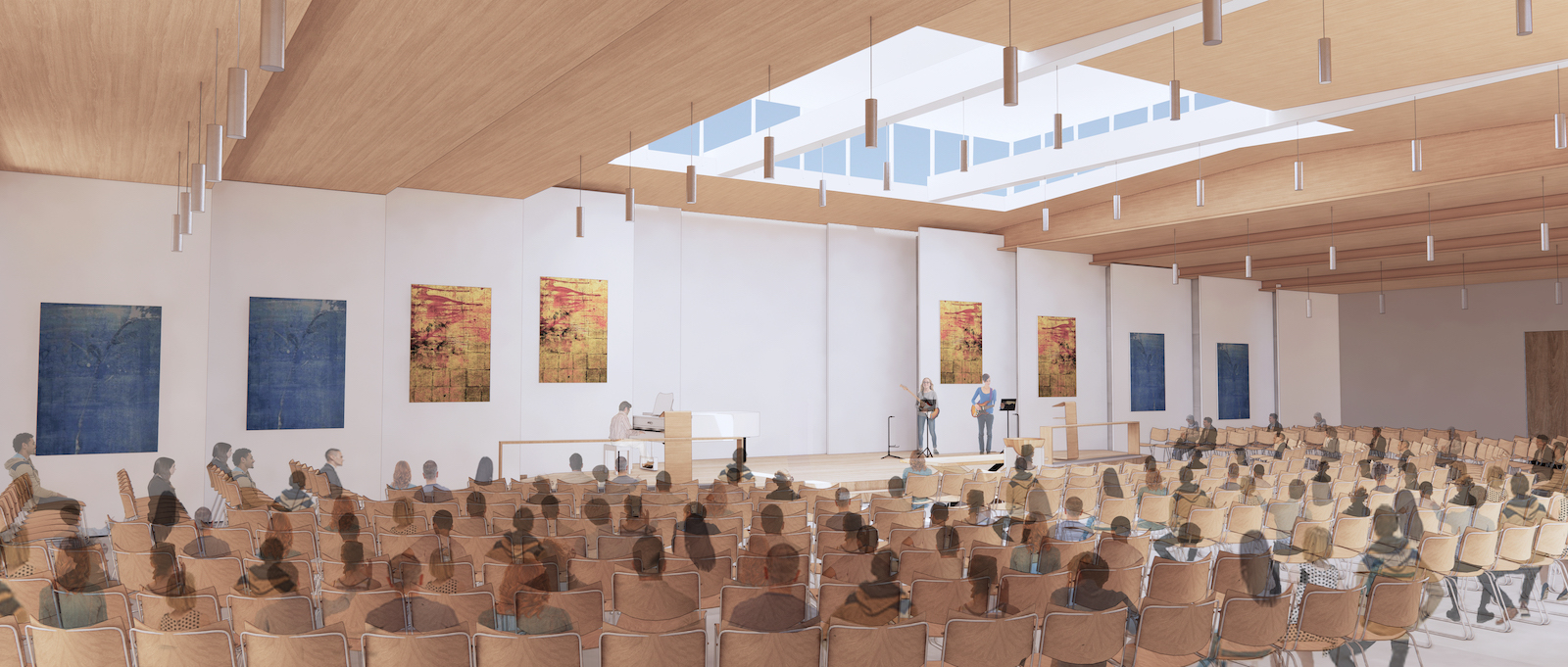 Interior rendering of the renovated Christ Presbyterian Church sanctuary with wood ceiling and skylights