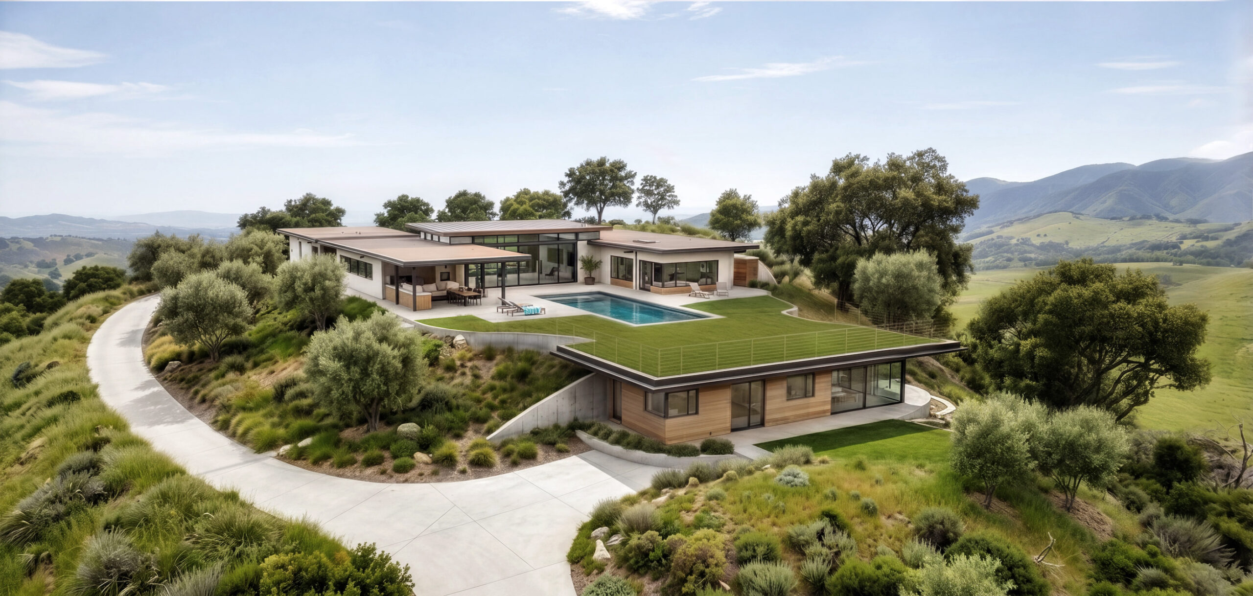 Aerial rendering of the Hygge House featuring a modern hillside residence, pool, green roof, and surrounding landscape.