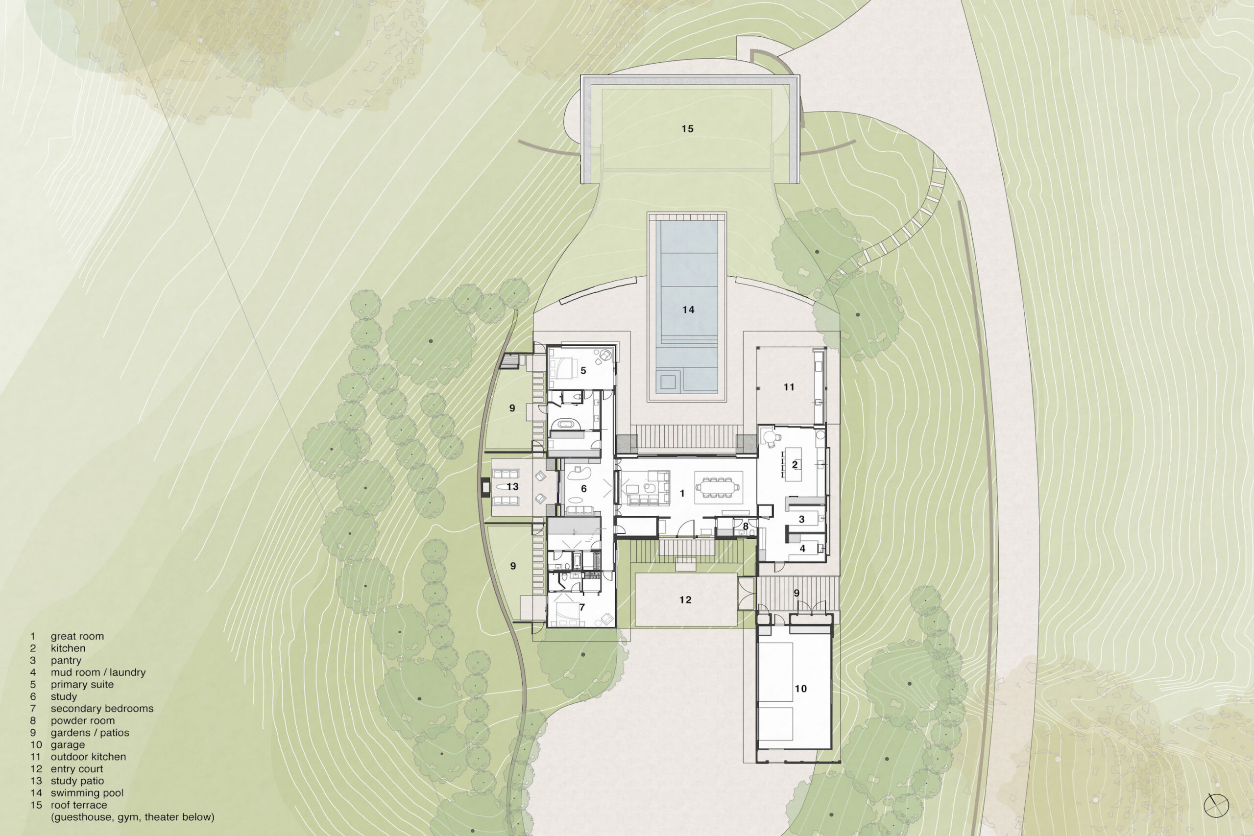 Hygge House floor plan showing the residence, entry court, garage, pool, patios, and surrounding hillside landscape.