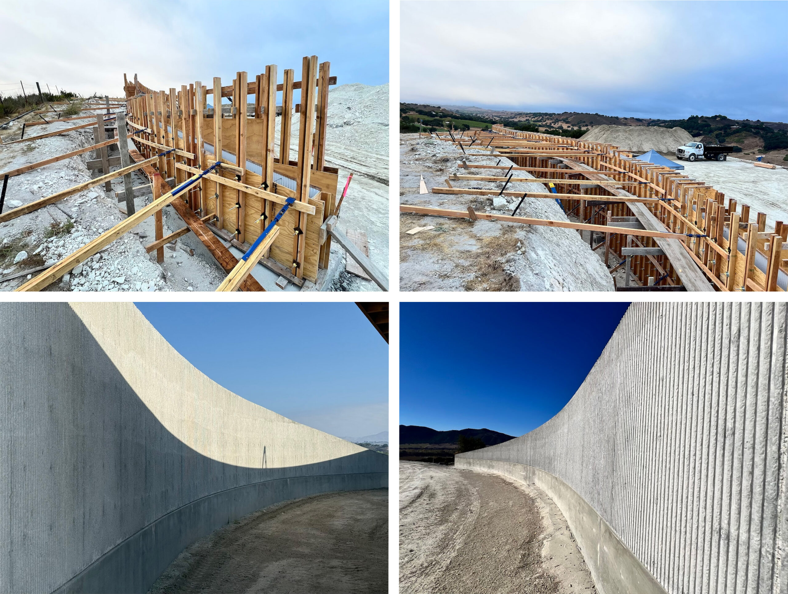 Construction and completed views of the Hygge House curved board-formed concrete wall.