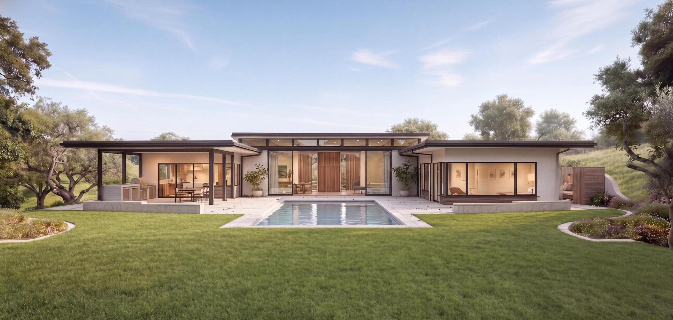 Exterior rendering of the Hygge House showing the pool, expansive glazing, and surrounding landscape.
