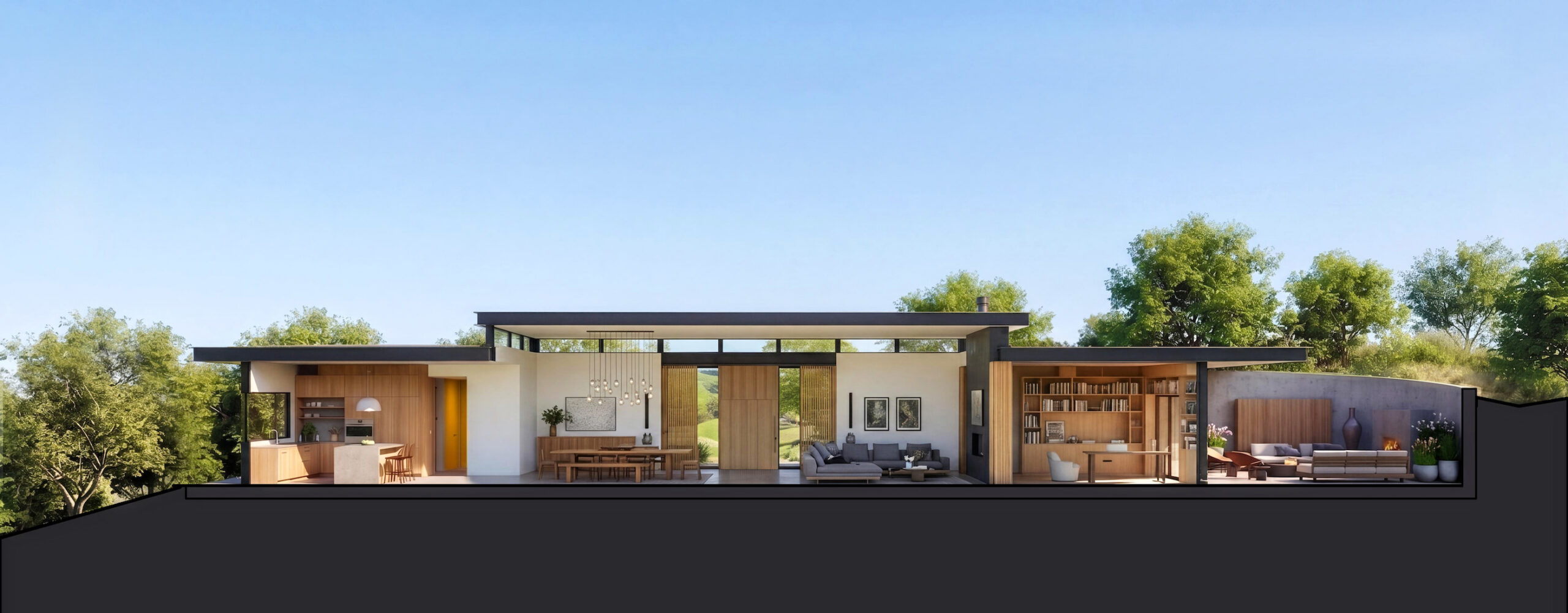 Section rendering of the Hygge House showing the kitchen, dining, living, and outdoor spaces.
