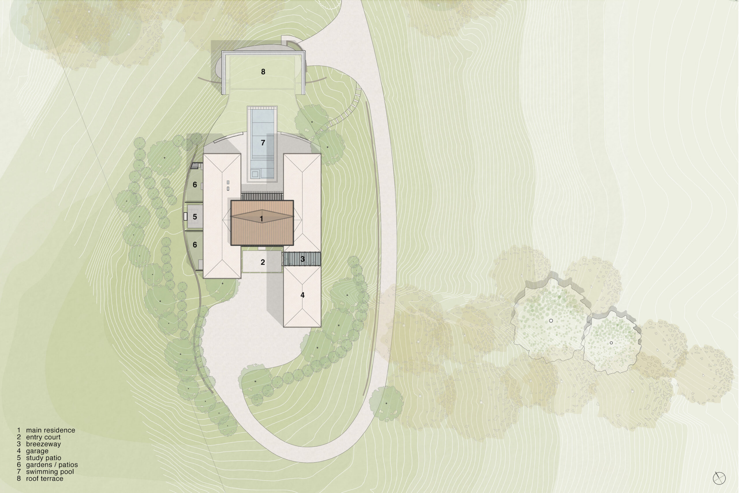 Hygge House site plan showing the residence, entry court, garage, gardens, swimming pool, roof terrace, and surrounding landscape.