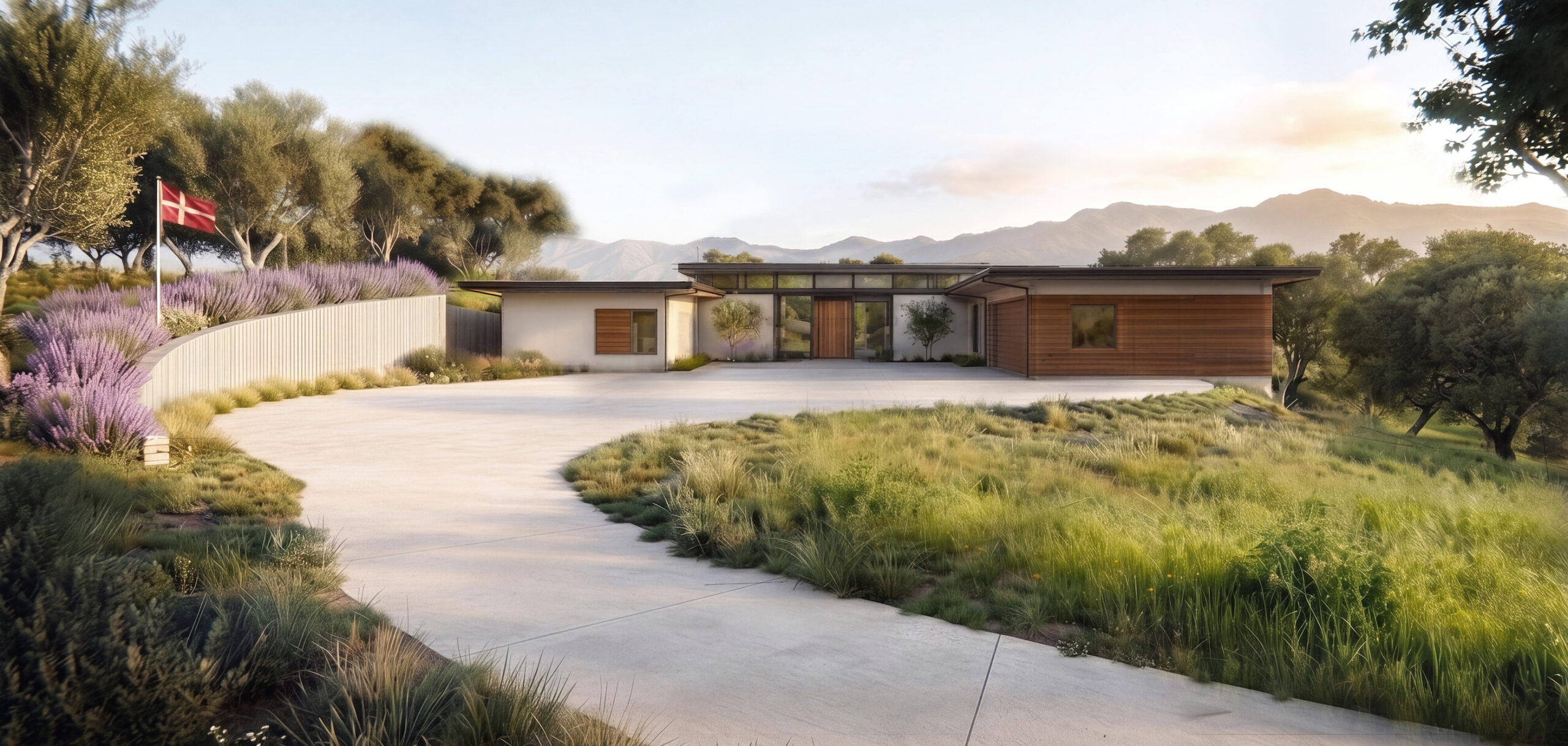 Front exterior rendering of the Hygge House with a curved driveway, landscaped hillside, and mountain views.